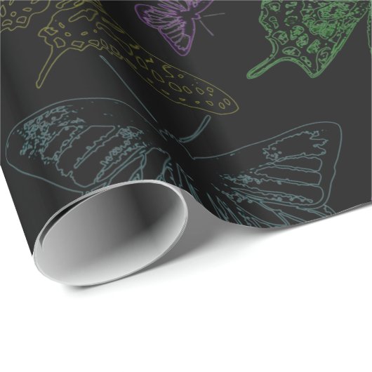 Papier Cadeau Papillons couleur noir et arc-en-ciel volants (Coin rond)