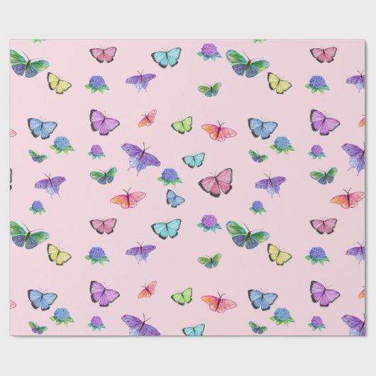 Papier Cadeau Papillons D'Aquarelle Et Hydrangées (Plat)