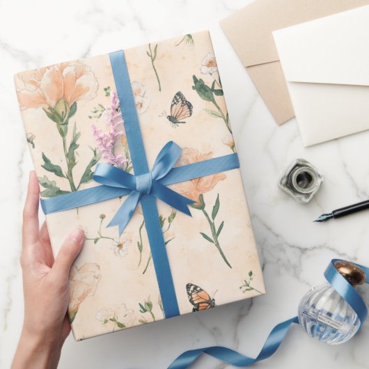 Papier Cadeau Papillons de pêche Fleurs de douche de mariée (Cadeaux)