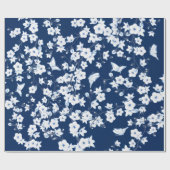 Papier Cadeau Papillons en fleurs de cerisier bleu marine blanc (Plat)