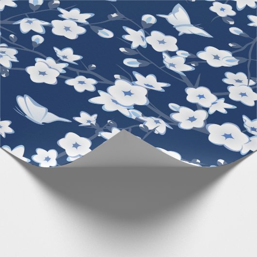 Papier Cadeau Papillons en fleurs de cerisier bleu marine blanc (Coin)