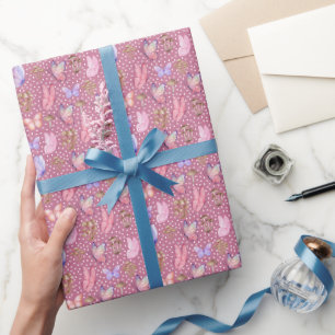 Papier Cadeau Papillons et champignons sur rose pourpre
