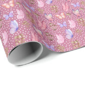 Papier Cadeau Papillons et champignons sur rose pourpre (Coin rond)