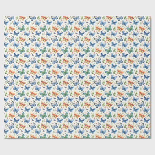 Papier Cadeau Papillons et fleurs bleu jaune vert (Plat)