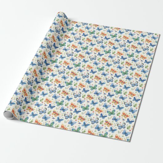 Papier Cadeau Papillons et fleurs bleu jaune vert (Déroulé)