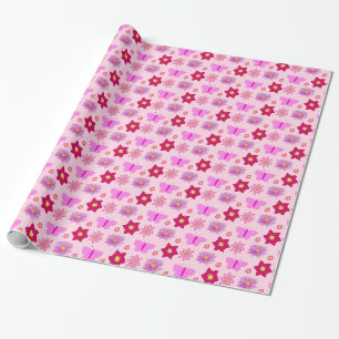 Papier Cadeau Papillons et fleurs roses pour bébé fille à motifs