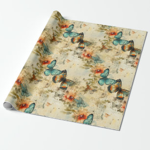 Papier Cadeau Papillons et fleurs Vintages colorés (8)