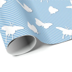 Papier Cadeau Papillons et rayures - blanc sur bleu ciel