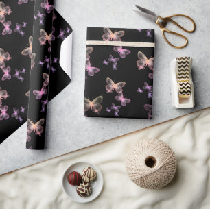 Papier Cadeau Papillons Iridescendants Sur Noir