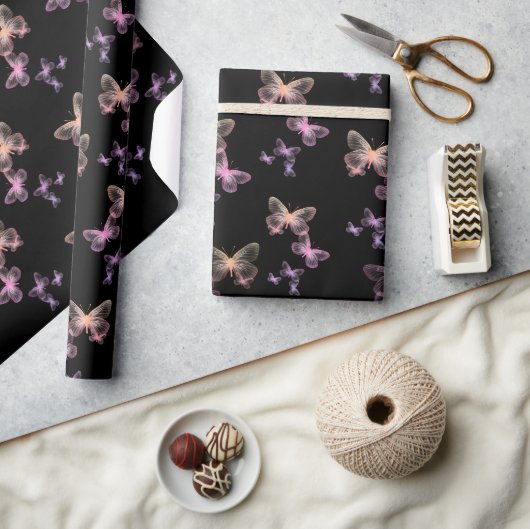 Papier Cadeau Papillons Iridescendants Sur Noir (Artisanat)