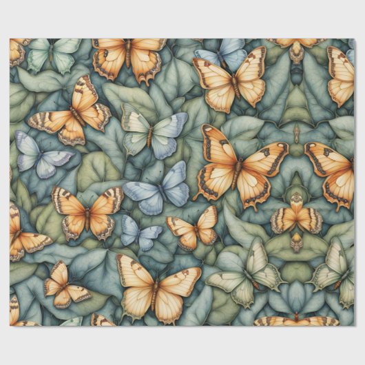Papier Cadeau Papillons Motif Bleu Vert Jaune (Plat)