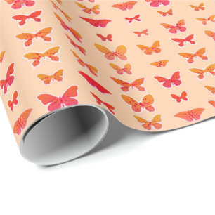 Papier Cadeau Papillons, or, corail, fond orange doux