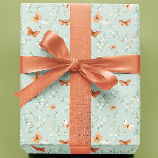 Papier Cadeau Papillons sur Vert Menthe