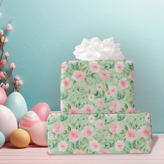 Papier Cadeau Pâques Pastel Rose & Flore Verte