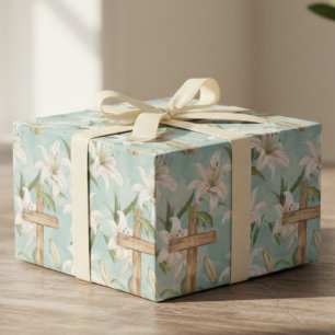 Papier Cadeau Pâques religieux Croix et lys pastel chrétien