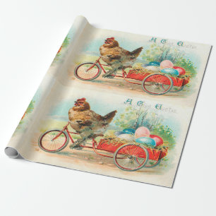 Papier Cadeau Pâques vintage Poulet à vélo Oeuf de Pâques