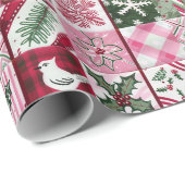 Papier Cadeau Parcelle En Patchwork Rose Avec Oiseau Et Feuilles (Coin rond)