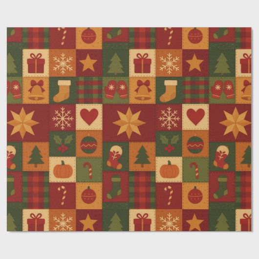 Papier Cadeau Parcelle rouge vert Patchwork Rustique Ferme Flora (Plat)