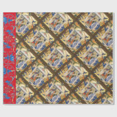 PAPIER CADEAU PARCHEMENT NATIVITÉ NOËL AVEC FLEURS BLEUES ROUGES (Plat)