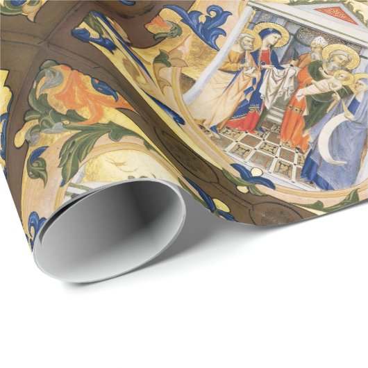 PAPIER CADEAU PARCHEMENT NATIVITÉ NOËL AVEC FLEURS BLEUES ROUGES (Coin rond)