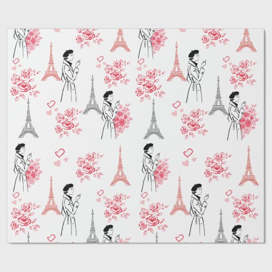 Papier Cadeau Paris Love Pattern – Eiffel Tower & Roses Seamless (Plat)