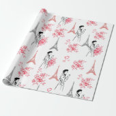 Papier Cadeau Paris Love Pattern – Eiffel Tower & Roses Seamless (Déroulé)