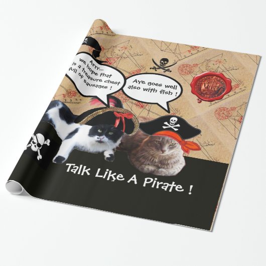 PAPIER CADEAU PARLER DE CHATS DE PIRATE, PIRATES ANCIENS CARTES  (Déroulé)