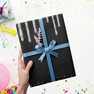 Papier Cadeau Parties scintillant argentée goutte-à-goutte noir 