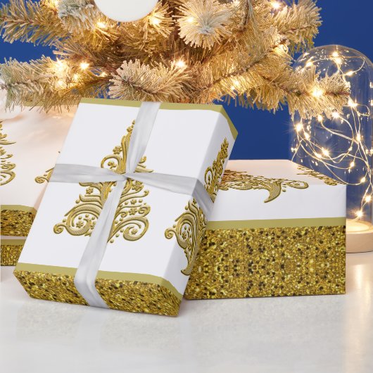 Papier Cadeau Parties scintillant d'or avec arbre de Noël en Fil (Vacances)