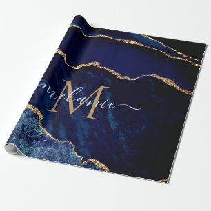 Papier Cadeau Parties scintillant d'or bleu Monogramme Nom Papie