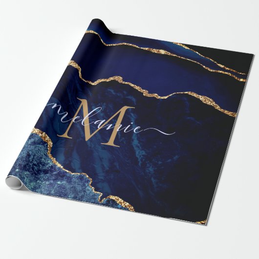 Papier Cadeau Parties scintillant d'or bleu Monogramme Nom Papie (Déroulé)