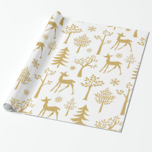 Papier Cadeau Parties scintillant D'Or Cerfs Et Arbres