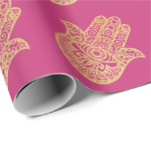 Papier Cadeau Parties scintillant d'or Hamsa Lucky Main fuchsia  (Coin rond)