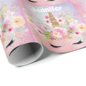 Papier Cadeau Parties scintillant d'or rose Unicorn Visage Fille (Coin rond)
