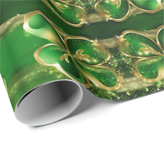 Papier Cadeau Parties scintillant d'or St. Patricks Day Clover L (Coin rond)