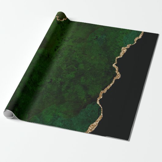Papier Cadeau Parties scintillant d'or vert chic Agate Monogramm (Déroulé)