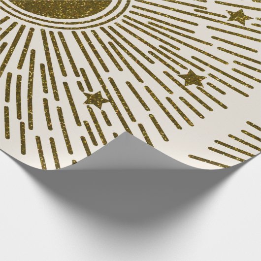 Papier Cadeau Parties scintillant rétro, soleil doré avec rayons (Coin)