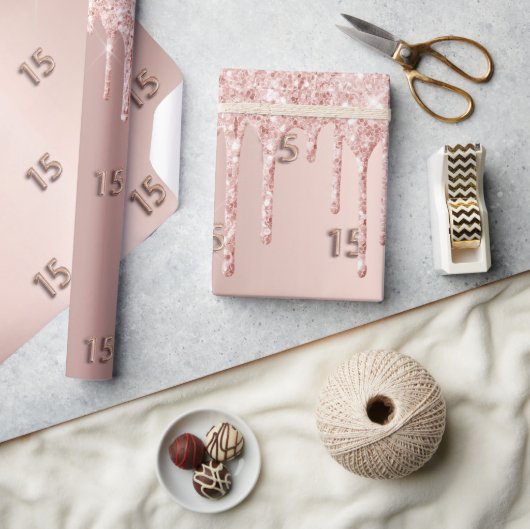 Papier Cadeau Parties scintillant rose en or Quinceanera gouttes (Artisanat)