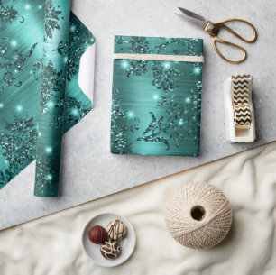 Papier Cadeau Parties scintillant Turquoise et floral Foil