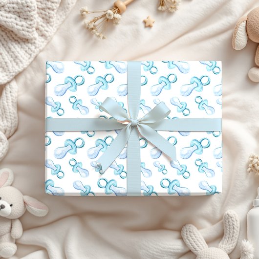 Papier Cadeau Pastel Aquarelle Bleu Bébé Garçon Pacifier