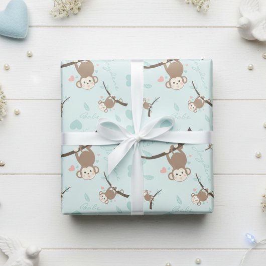 Papier Cadeau Pastel Blue Monkey Valentine Wrapping Paper