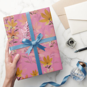 Papier Cadeau Pastel Boho Mustard Fleurs sauvages roses