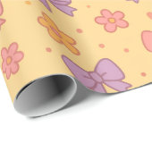 Papier Cadeau Pastel Bows & Flowers Pattern – Cute Yellow Girly (Coin rond)