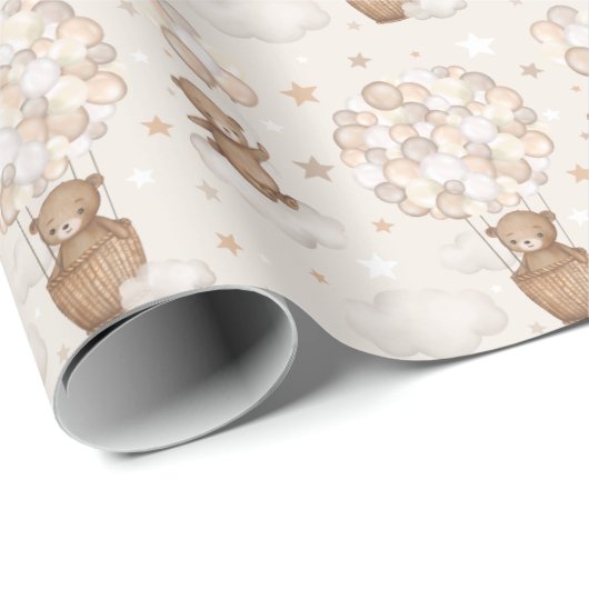 Papier Cadeau Pastel Brown Teddy Bear Hot Air Balloon Cloud Star (Coin rond)