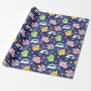 Papier Cadeau Pastel Cute Dragons Et Rainbows Bleu Foncé