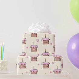 Papier Cadeau Pastel gâteau jaune et rose et coeur anniversaire
