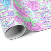 Papier Cadeau Pastel Goth Floral Rose & Rib Cage Squelette (Coin rond)
