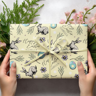 Papier Cadeau Pastel Jaune Joyeux Bunnies Pâques