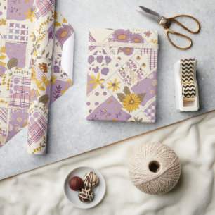 Papier Cadeau Pastel lilas jaune quilt gingham Cottagecore 