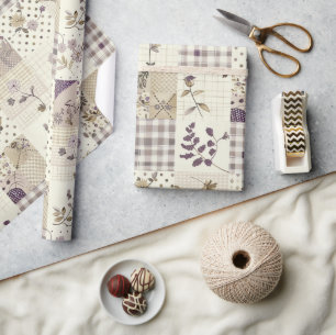 Papier Cadeau Pastel lilas quilt Cottagecore gingham terreux 